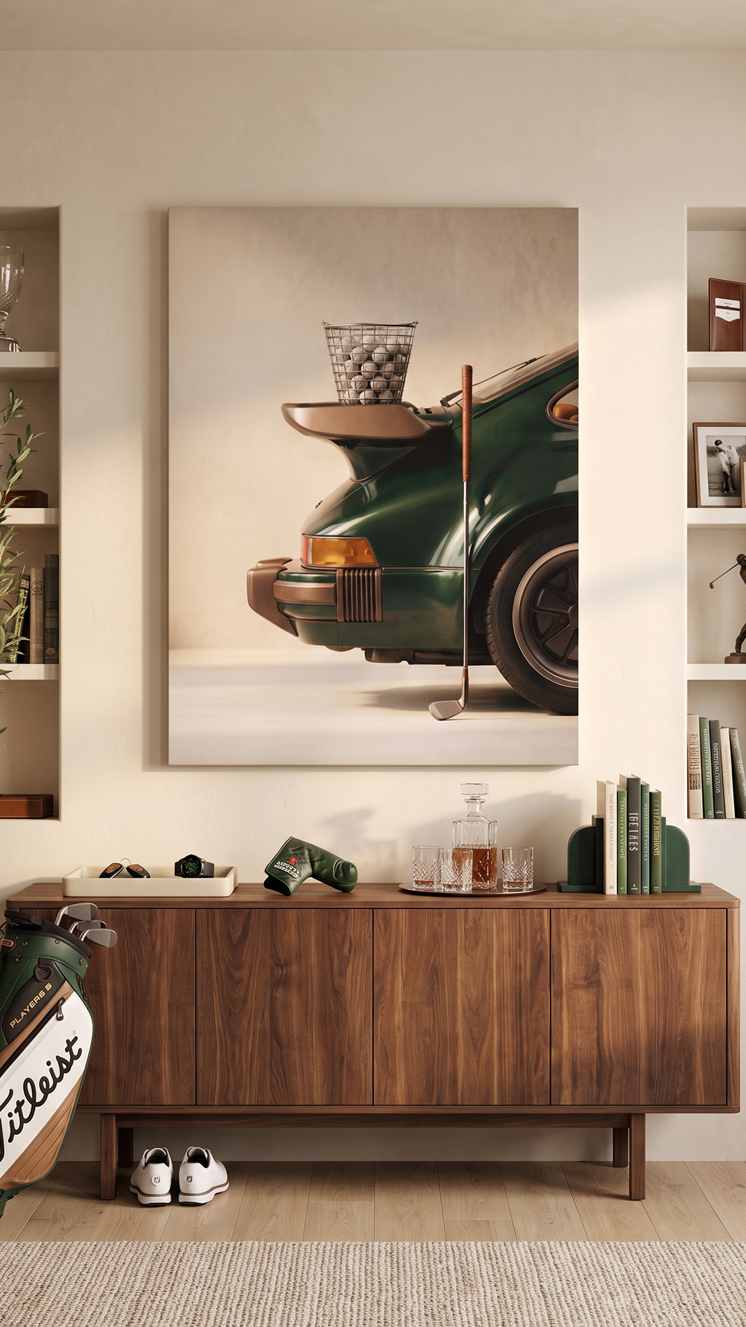 Range Spoiler canvas above a walnut credenza in a golf lounge